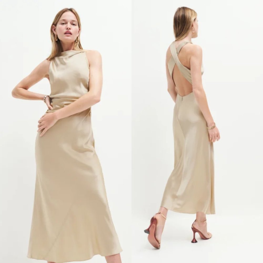 NWT Reformation Casette Silk Maxi Dress in Sand Tan Sz 4 Criss-cross Back Ruched